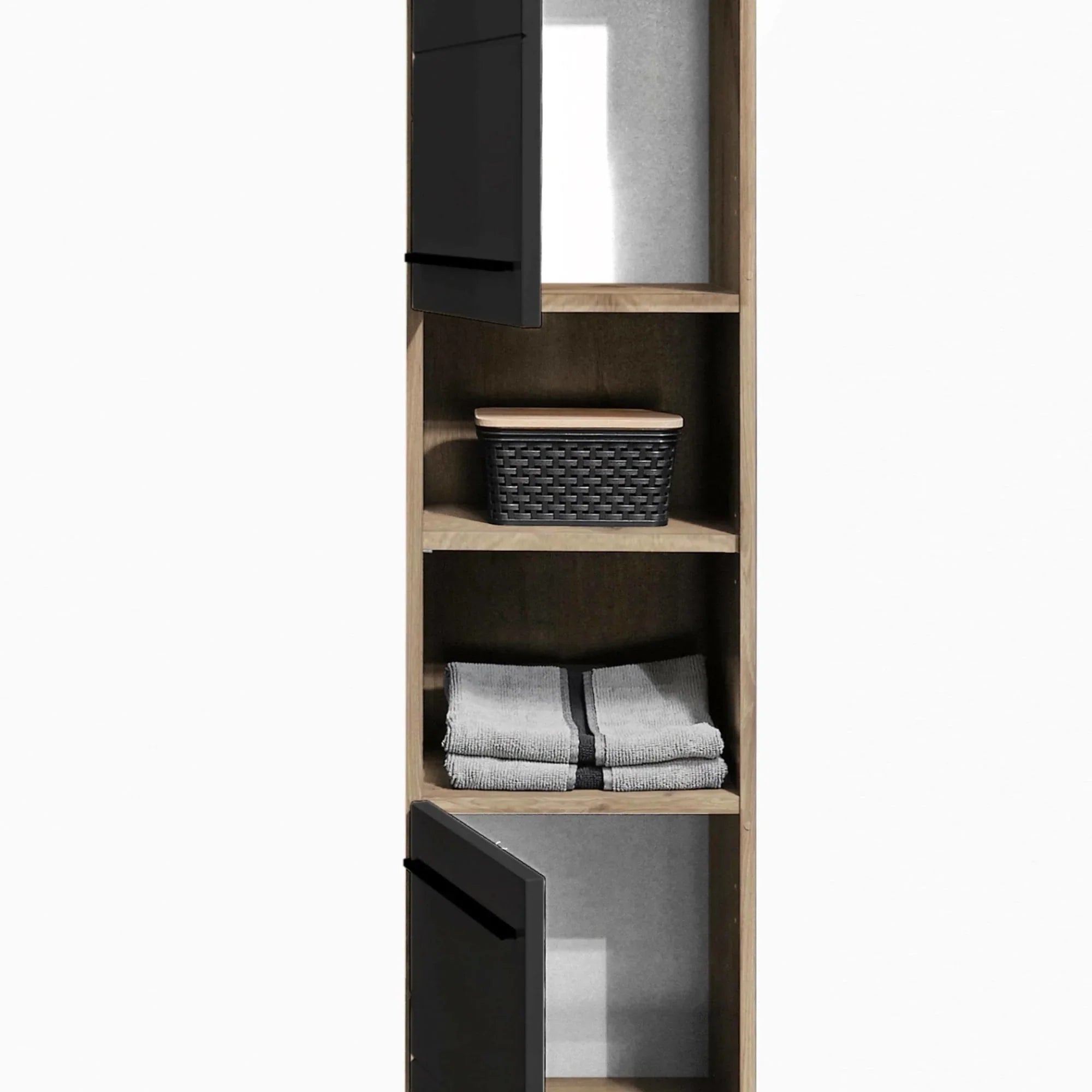 Tall wooden storage cabinet with black doors, open shelves holding basket and folded towels