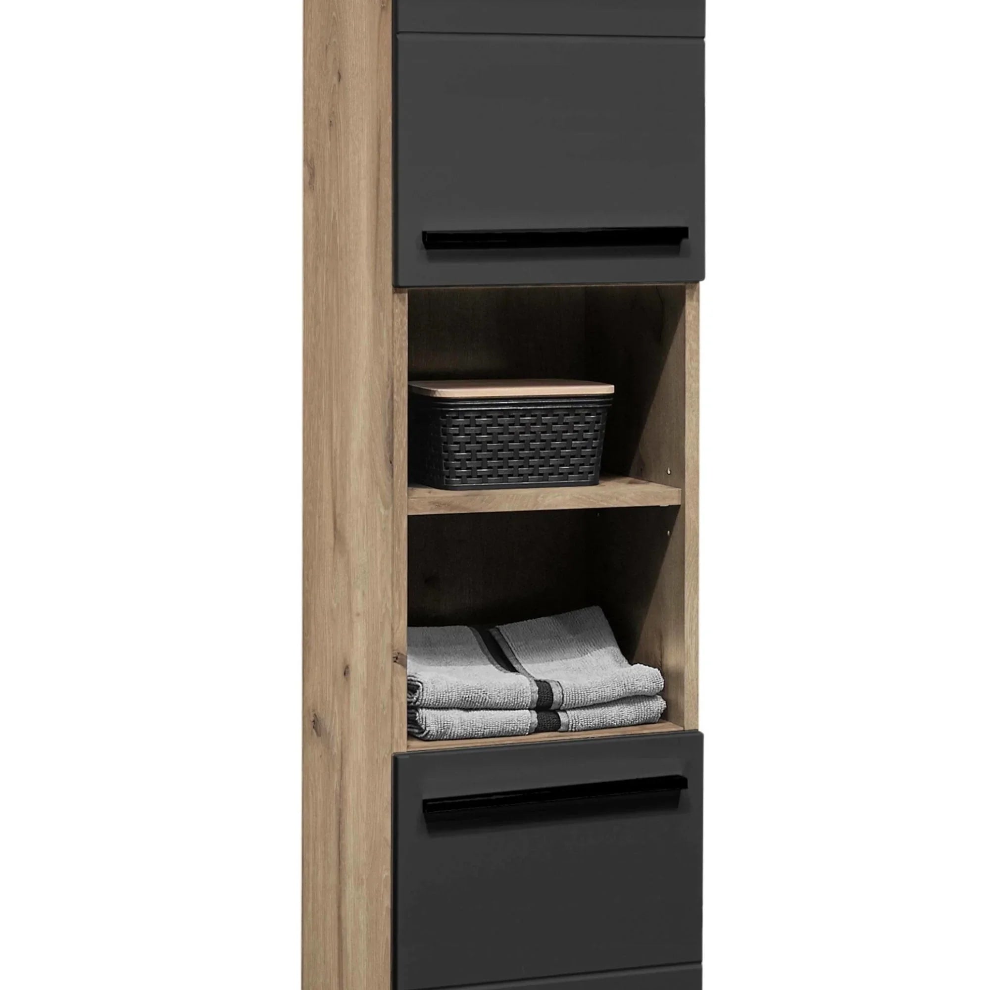 Tall wooden storage cabinet with black doors, open shelves holding basket and folded towels
