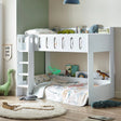 White wooden bunk bed in kids’ room with dinosaur bedding and ladder