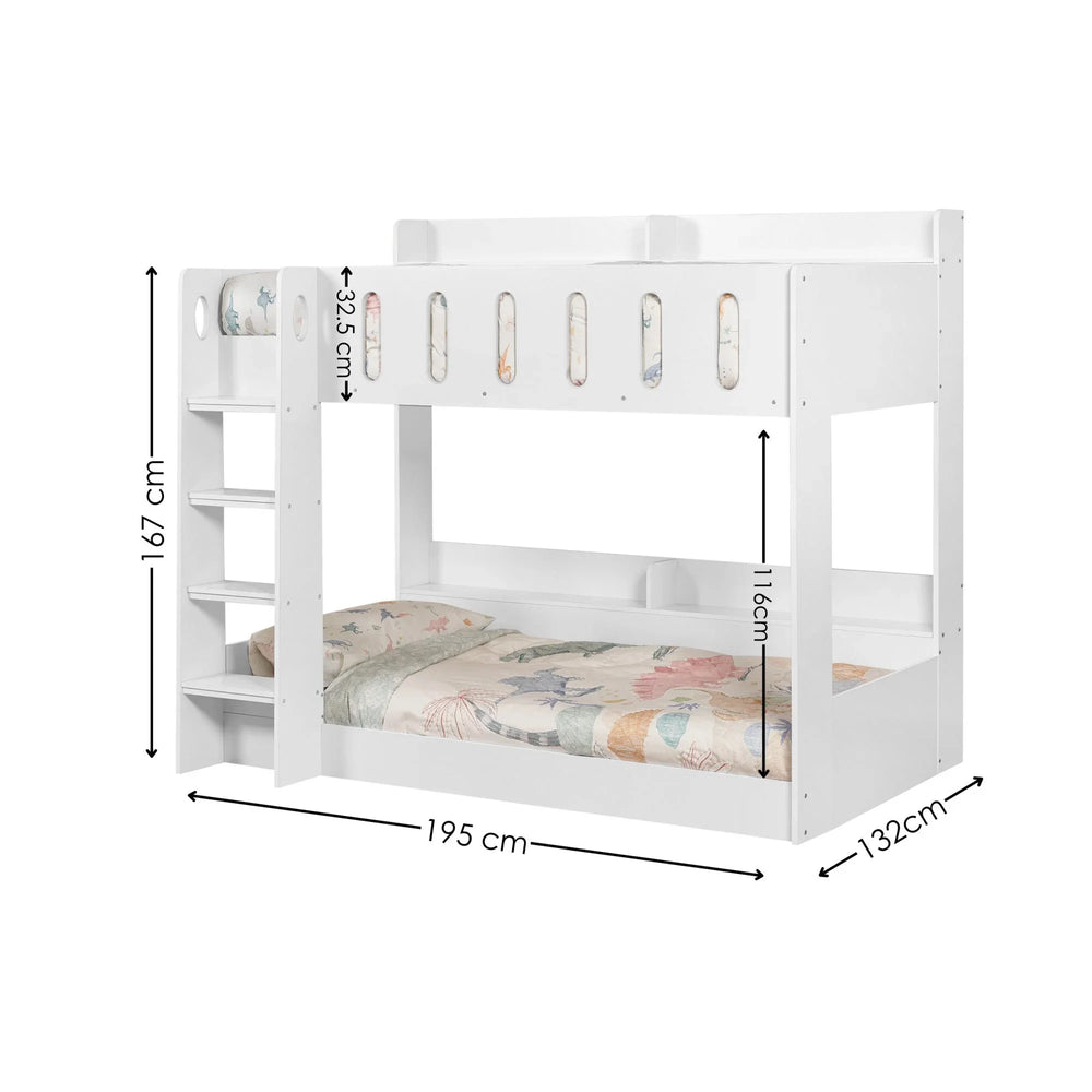 White wooden bunk bed with ladder, floral bedding and dimensions labeled on each side