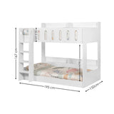 White wooden bunk bed with ladder, floral bedding and dimensions labeled on each side