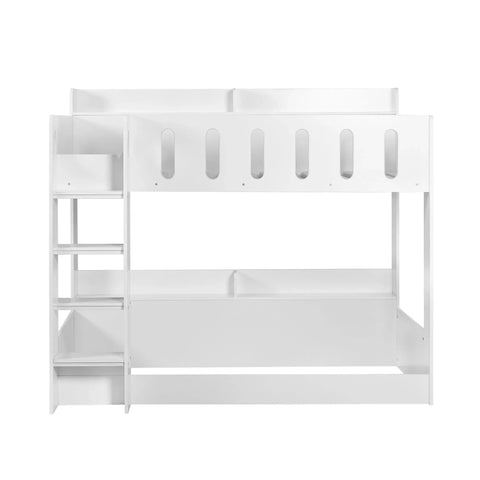 White wooden bunk bed with storage shelves and side ladder