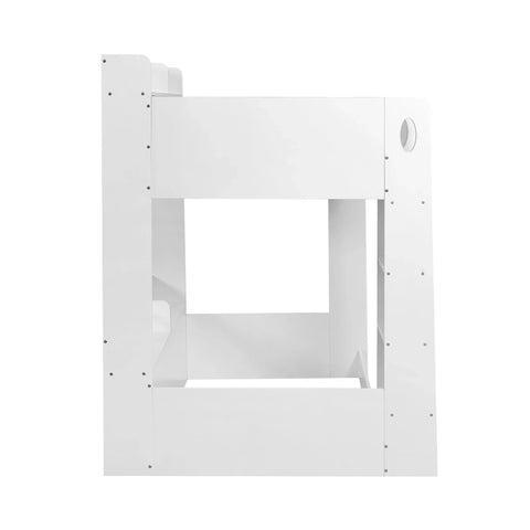 Side view of white wooden bunk bed frame with cut-out ladder detail