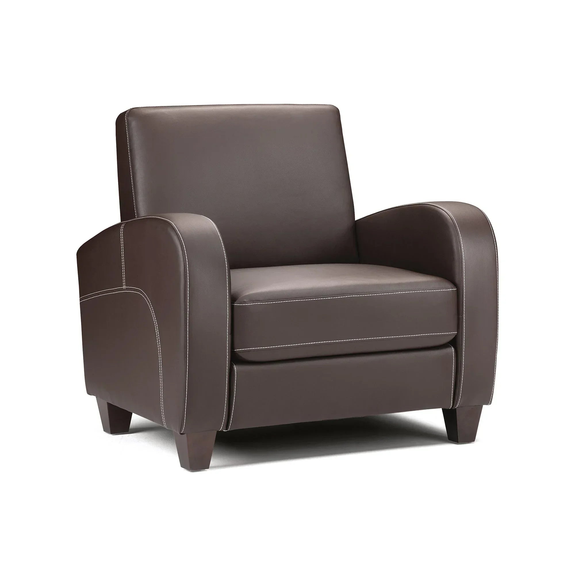 Chestnut brown armchair with thick cushions and white stitching, front angle view