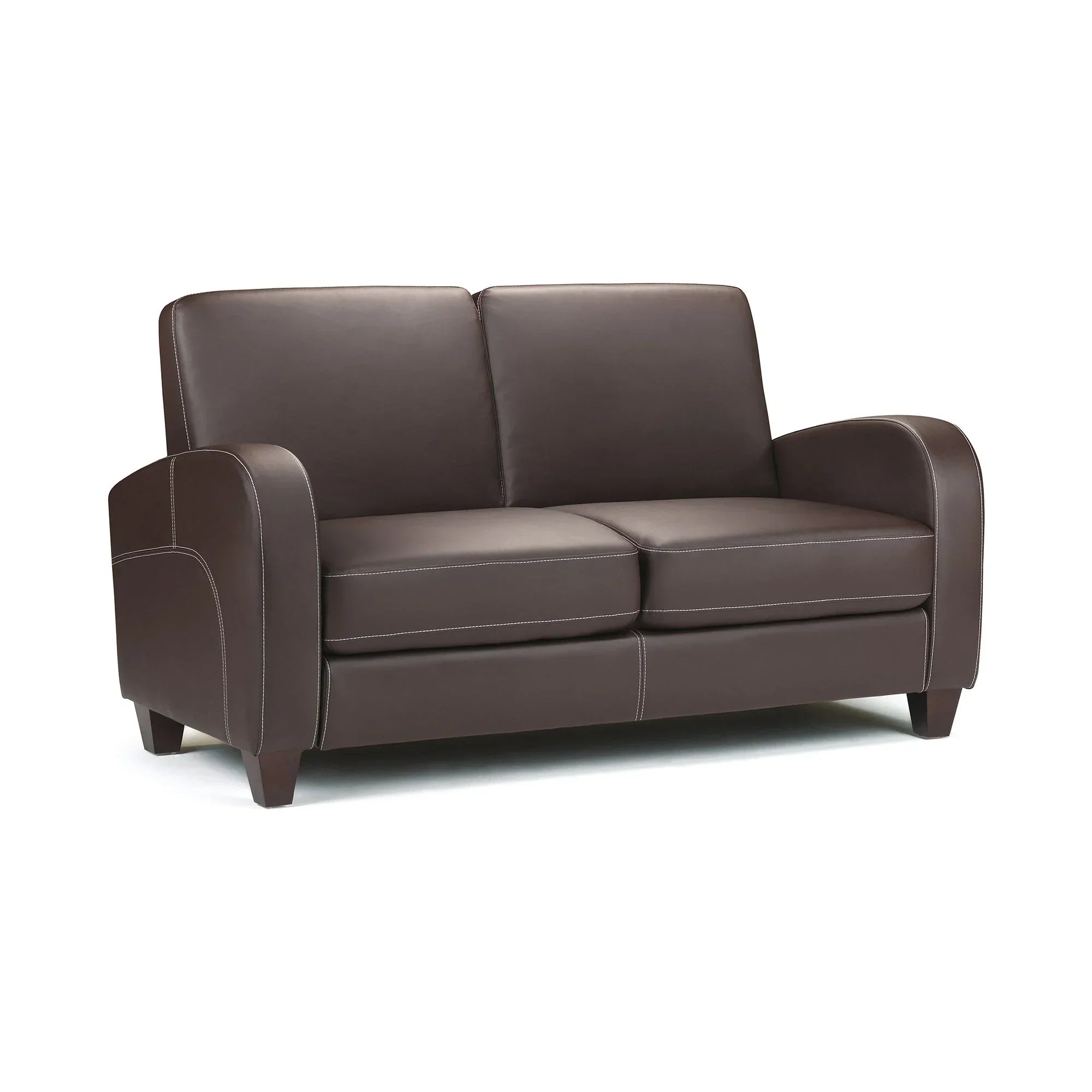 Chestnut brown two seater sofa with wide armrests and contrast stitching on wooden legs