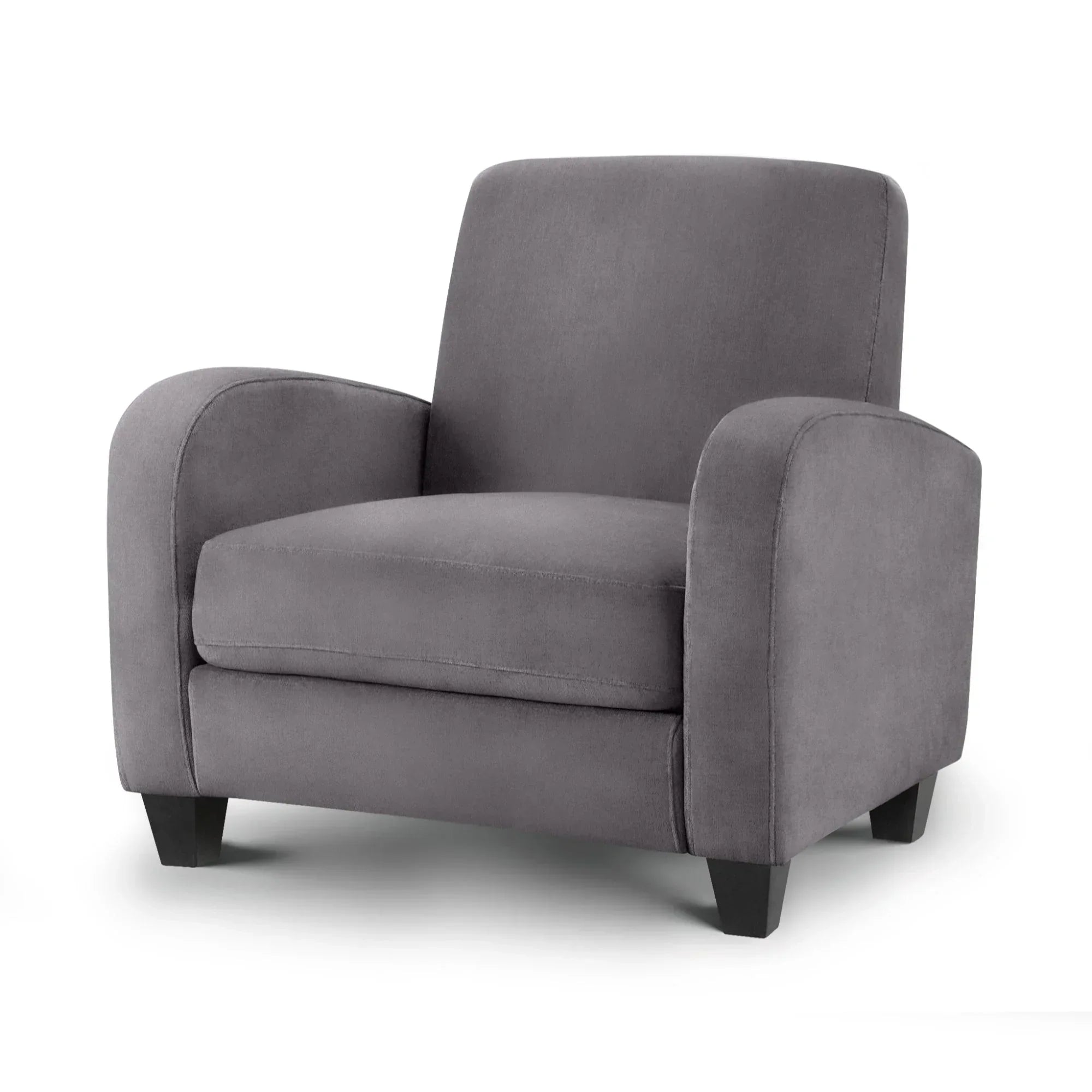 Vivo dusky grey fabric armchair with wide padded arms and black legs on white background