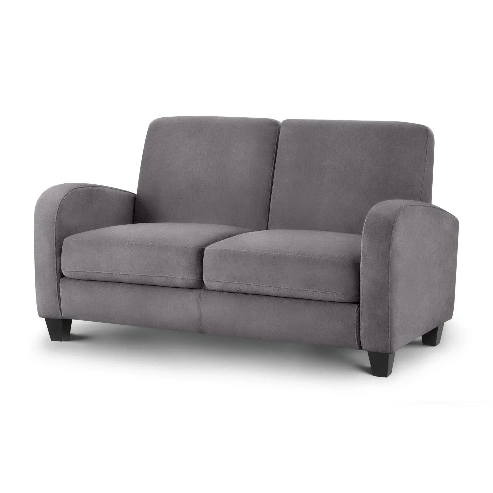 Grey two seater fabric sofa with curved arms and black legs on white background