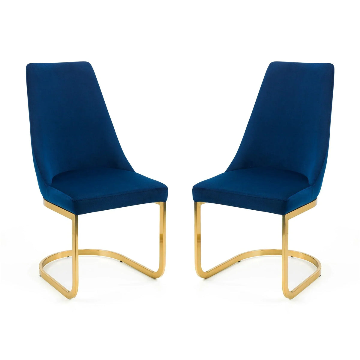 Set of two blue cantilever chairs with gold metal frames on white background