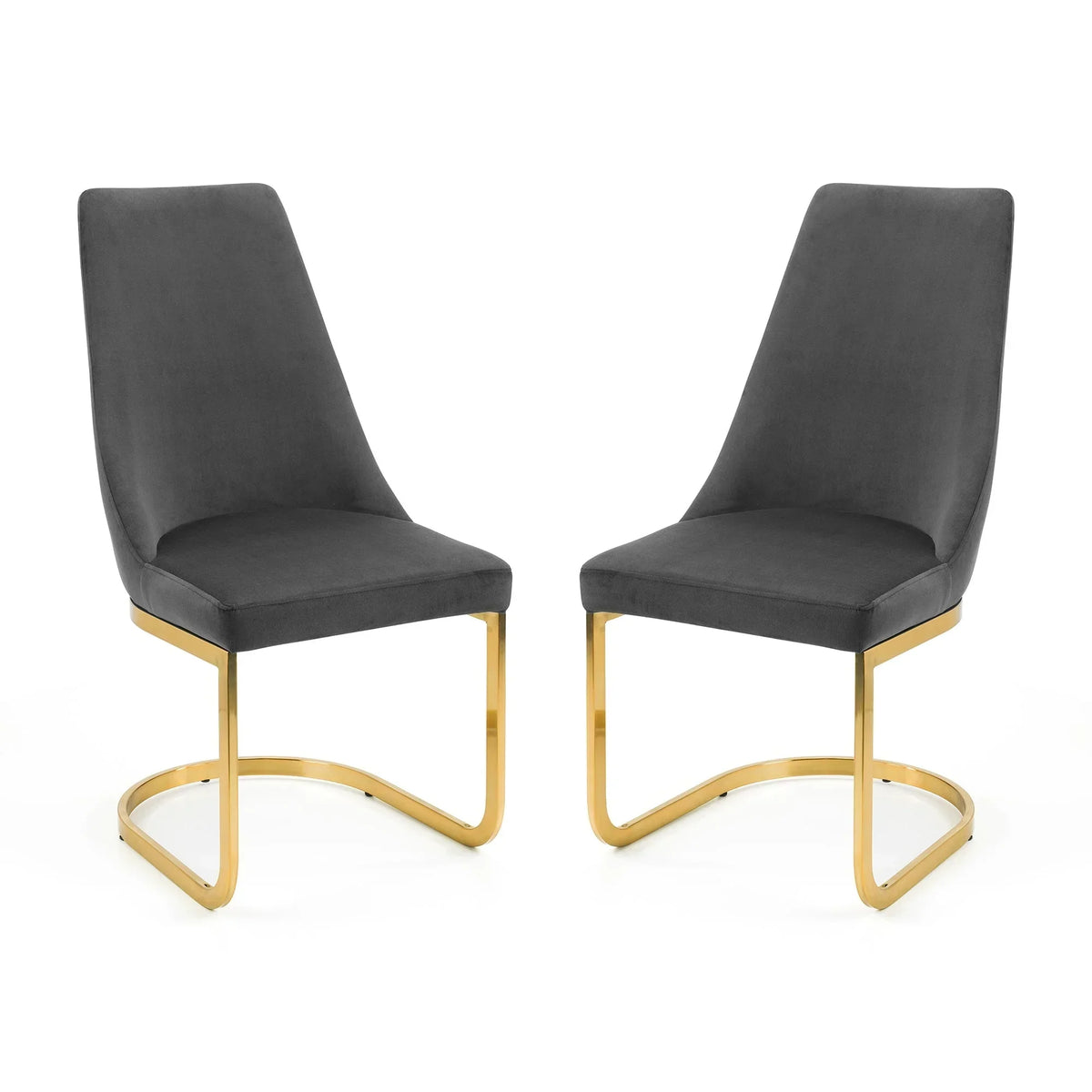 Set of two grey cantilever chairs with gold metal legs on white background