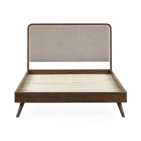 Walden bed frame with beige upholstered headboard and dark wood frame, front view without mattress
