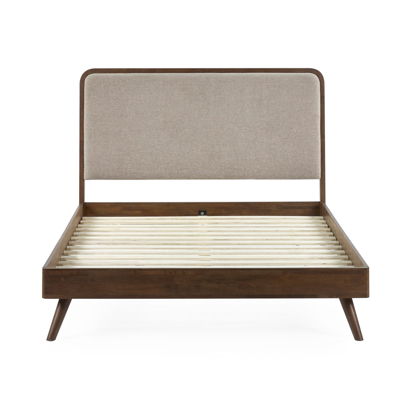 Walden bed frame with beige upholstered headboard and dark wood frame, front view without mattress