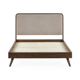 Walden bed frame with beige upholstered headboard and dark wood frame, front view without mattress