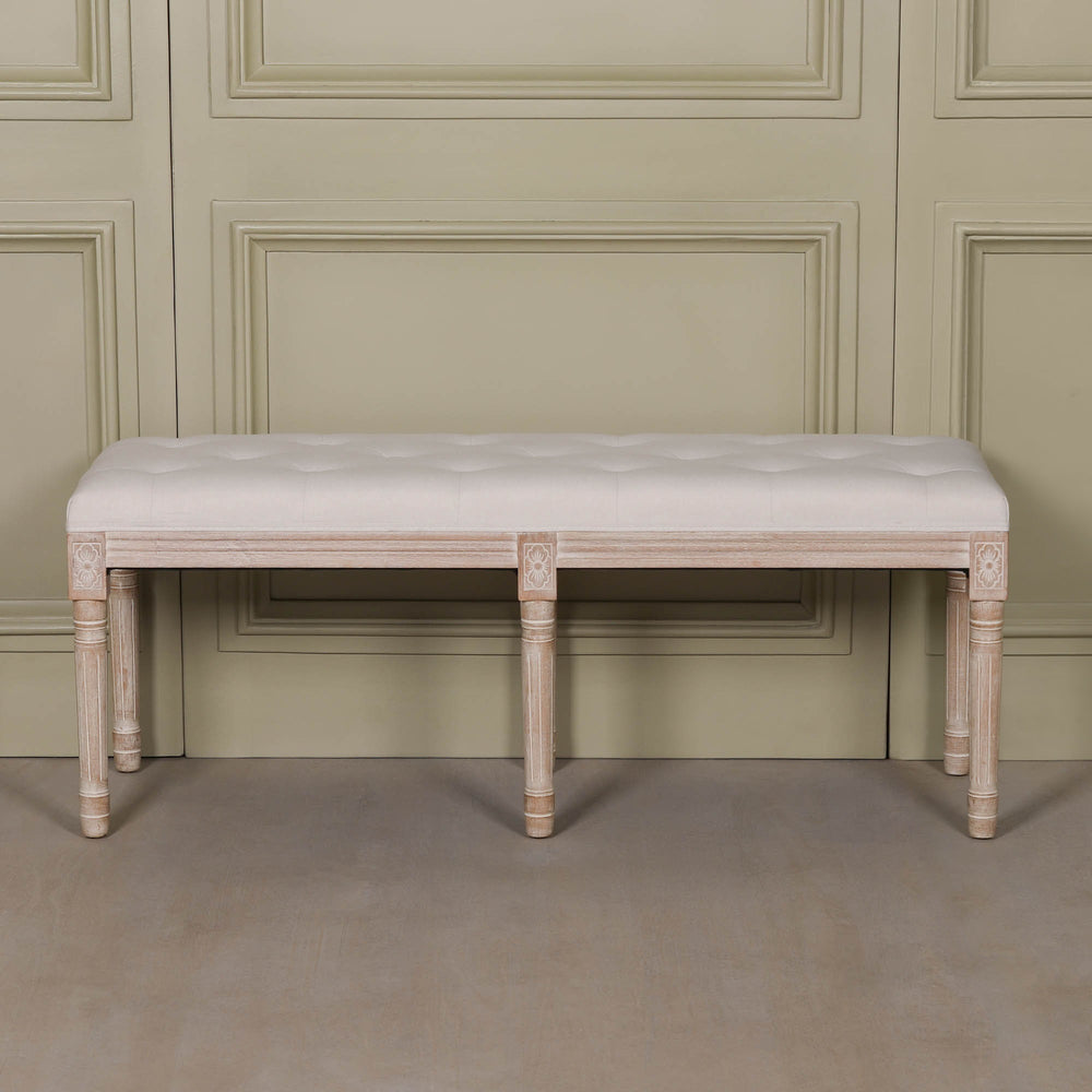 Light Wooden Louis Upholstered Bench in birch wood with a linen tufted seat in a soft neutral tone