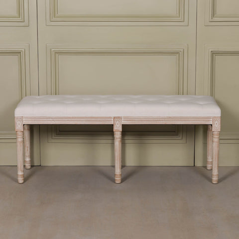 Light Wooden Louis Upholstered Bench in birch wood with a linen tufted seat in a soft neutral tone