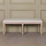 Light Wooden Louis Upholstered Bench in birch wood with a linen tufted seat in a soft neutral tone