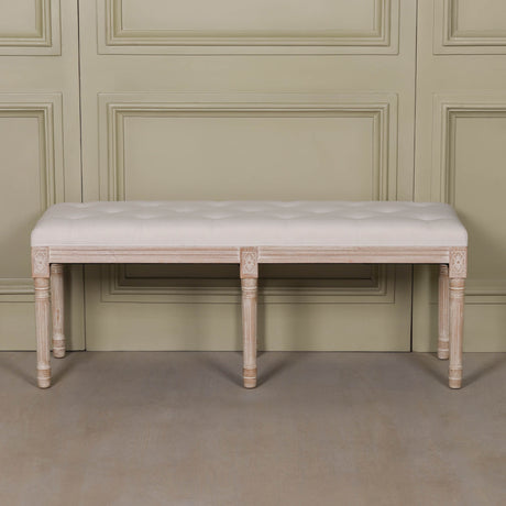 Light Wooden Louis Upholstered Bench in birch wood with a linen tufted seat in a soft neutral tone
