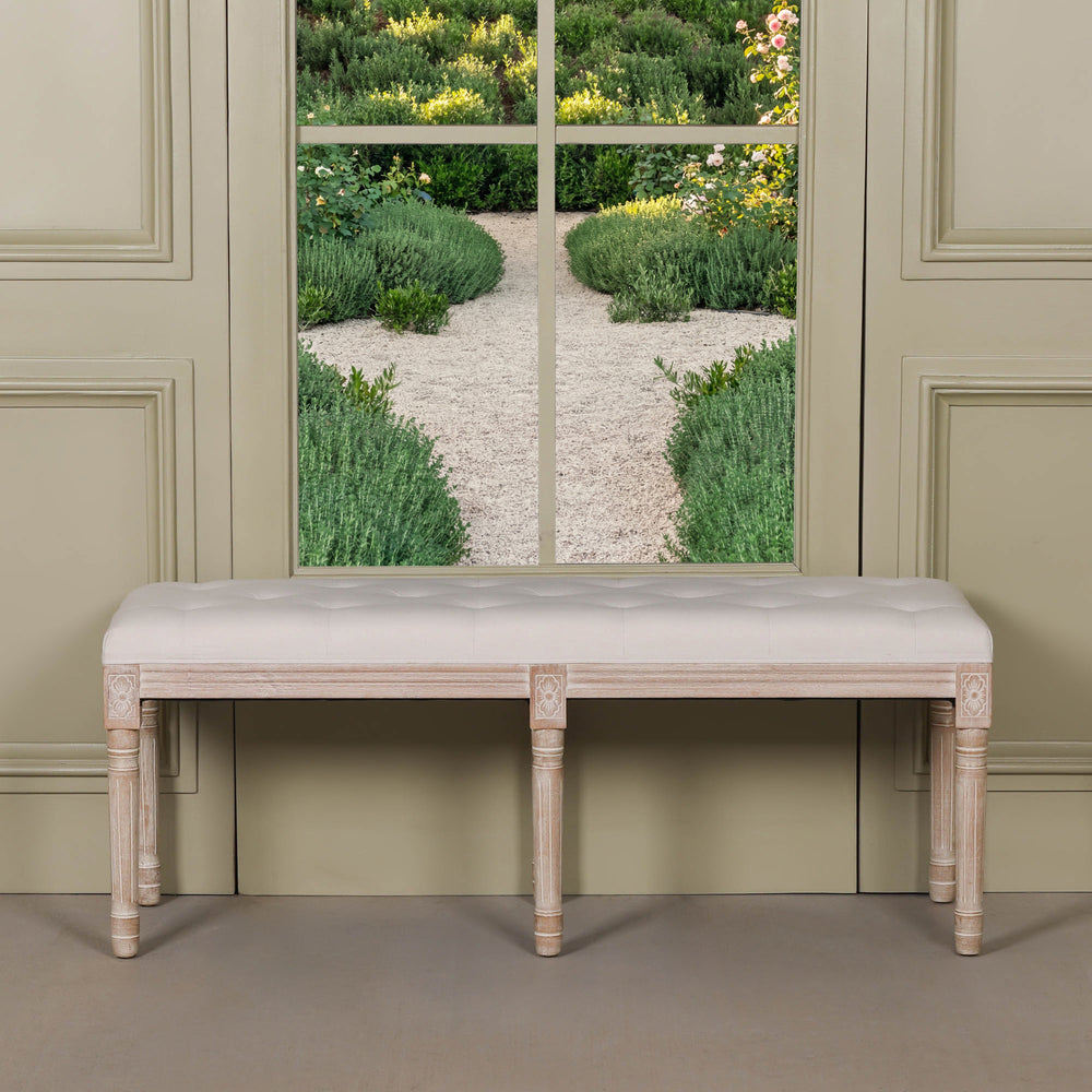 Light Wooden Louis Upholstered Bench in birch wood with a linen cushion and a classic design