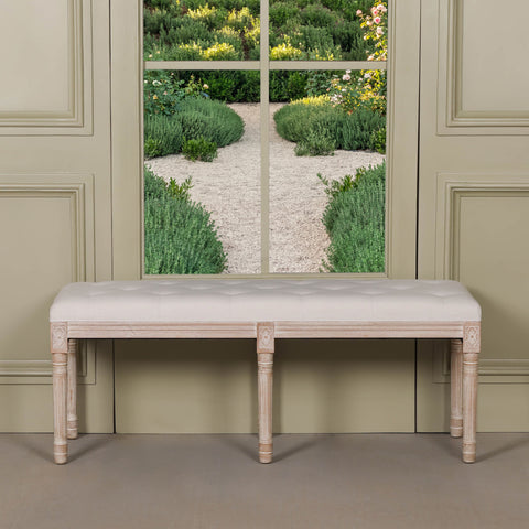 Light Wooden Louis Upholstered Bench in birch wood with a linen cushion and a classic design