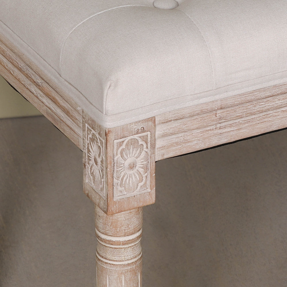 Light Wooden Louis Upholstered Bench with birch wood frame and linen cushion in a neutral color