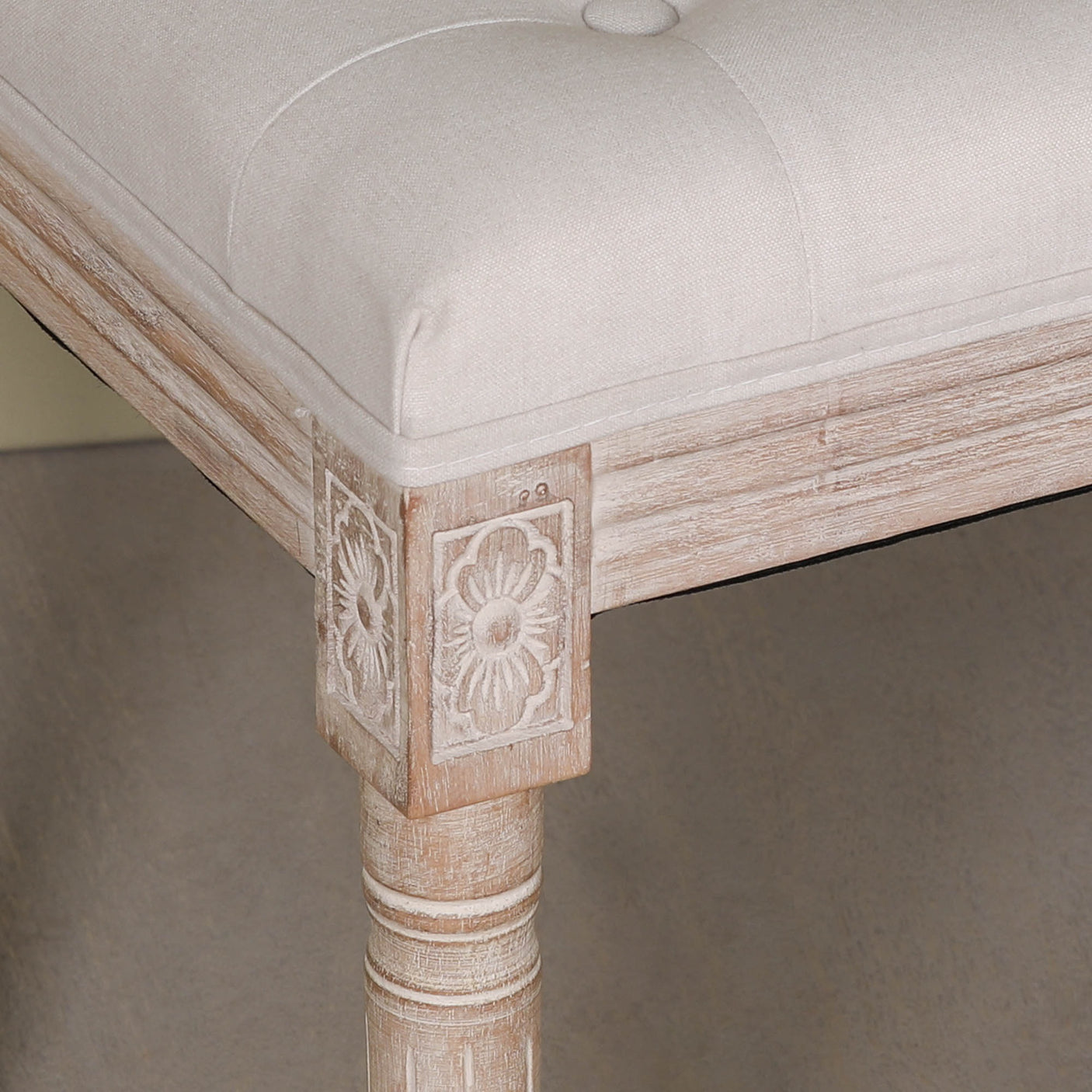 Light Wooden Louis Upholstered Bench with birch wood frame and linen cushion in a neutral color