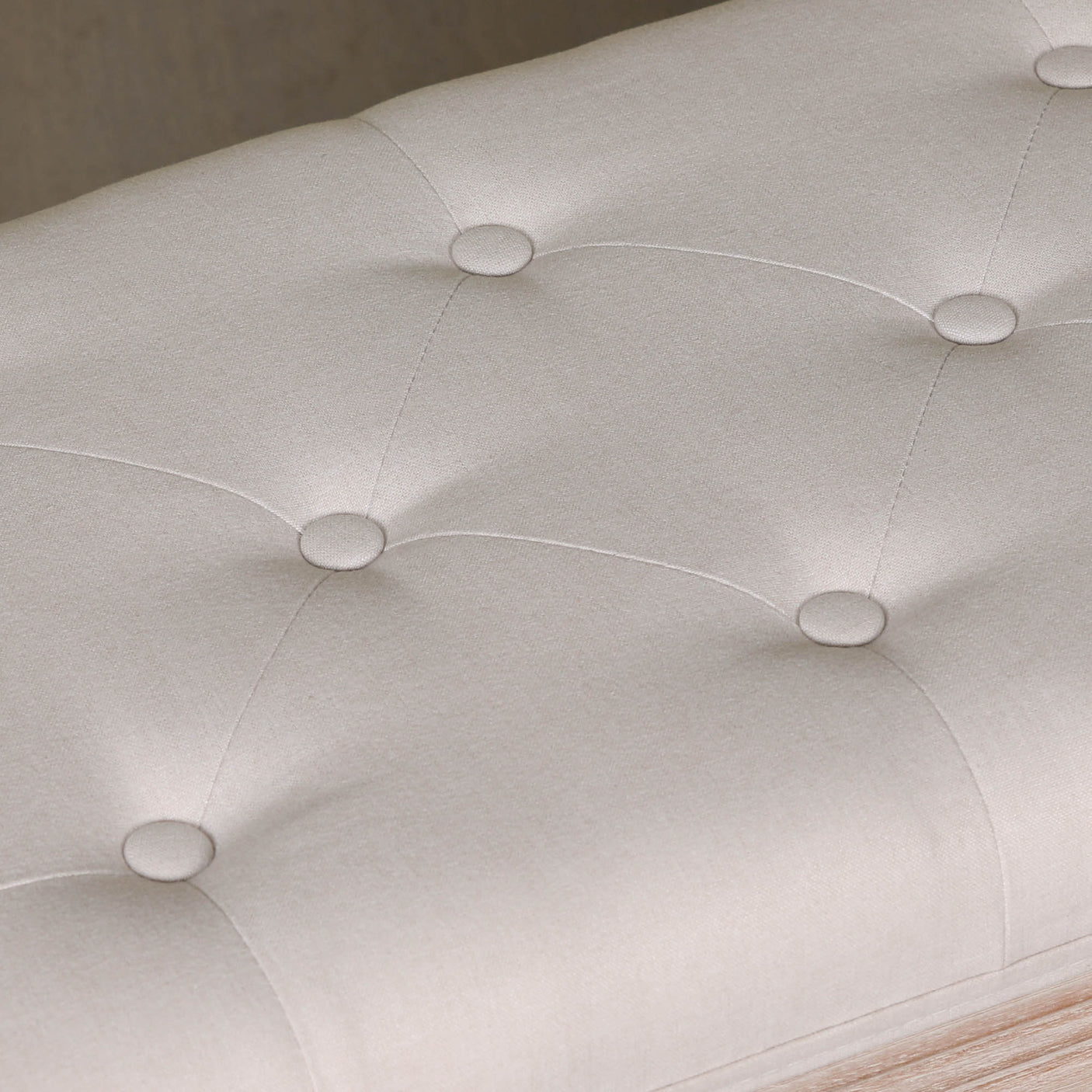Light Wooden Louis Upholstered Bench in birch wood with a linen tufted seat in a soft neutral tone
