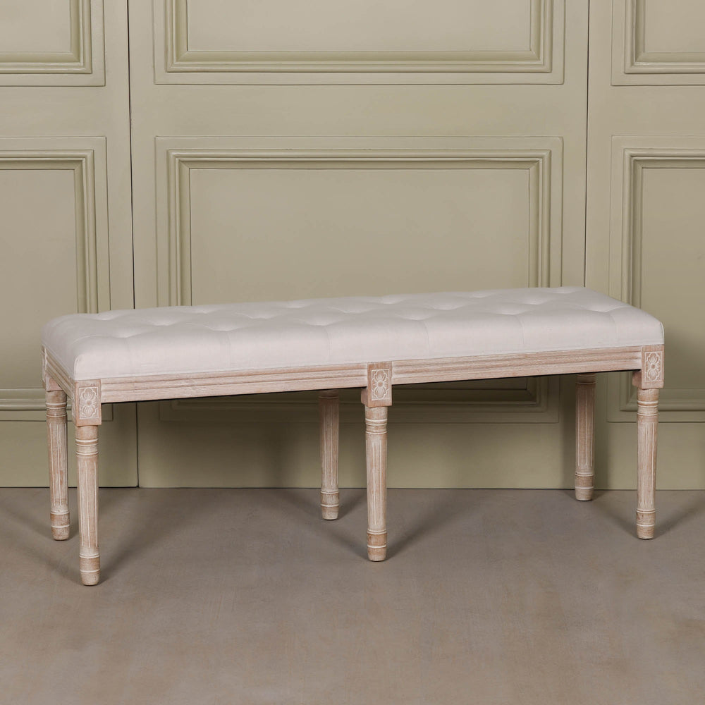 Light Wooden Louis Upholstered Bench in birch wood with a linen cushion and a classic rectangular shape