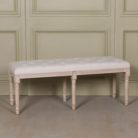 Light Wooden Louis Upholstered Bench in birch wood with a linen cushion and a classic rectangular shape