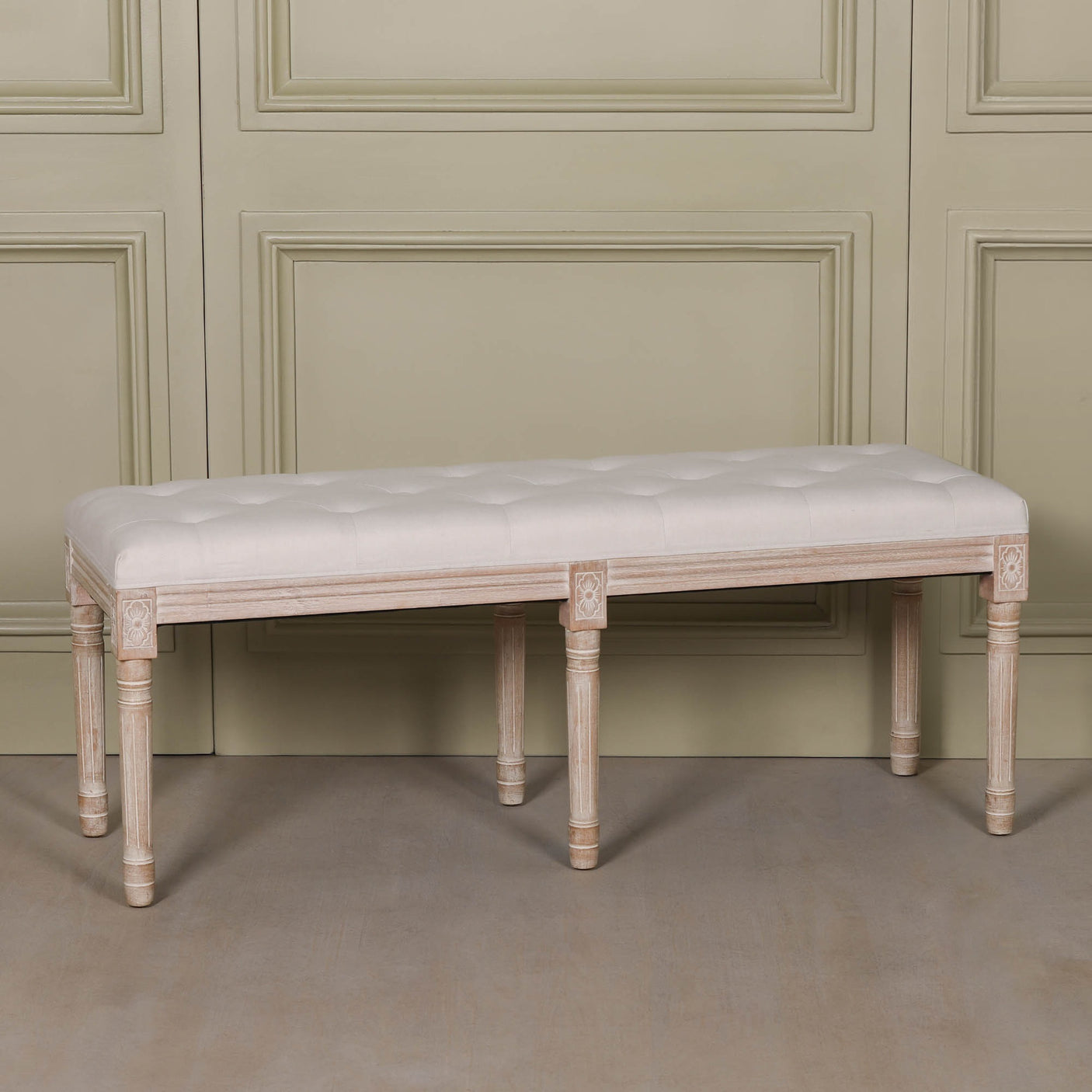 Light Wooden Louis Upholstered Bench in birch wood with a linen cushion and a classic rectangular shape