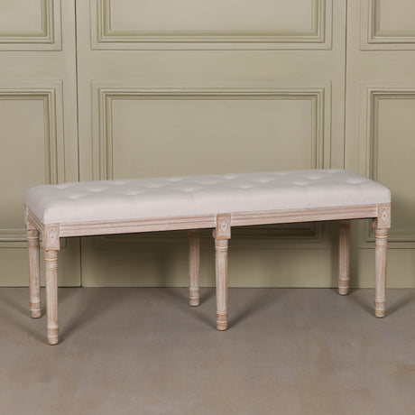 Light Wooden Louis Upholstered Bench in birch wood with a linen cushion and a classic rectangular shape