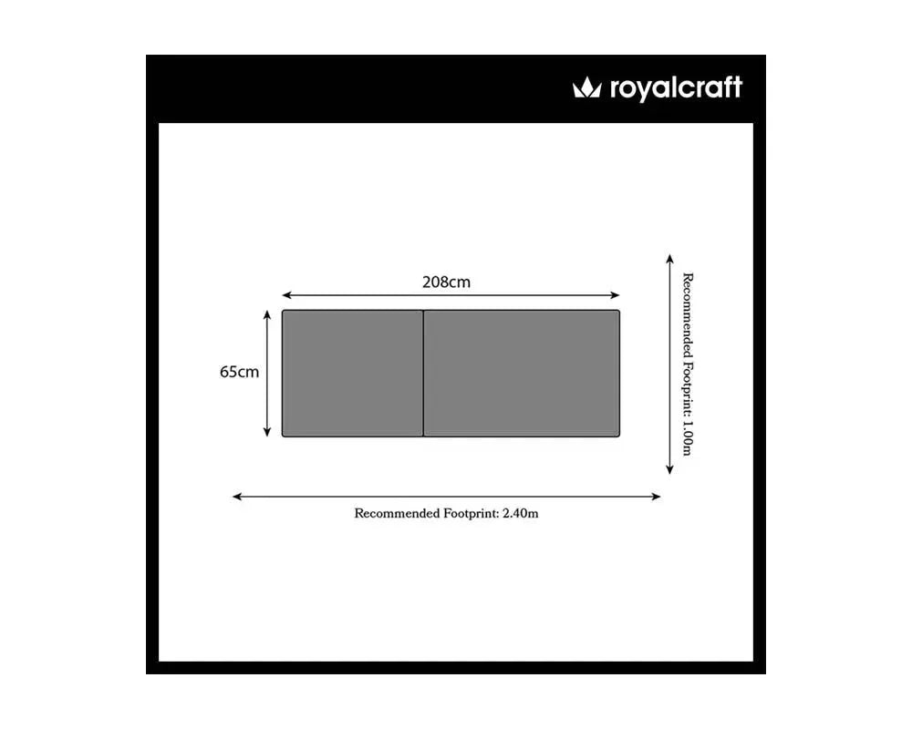Outdoor furniture footprint dimensions diagram, showing 208cm width by 65cm depth layout