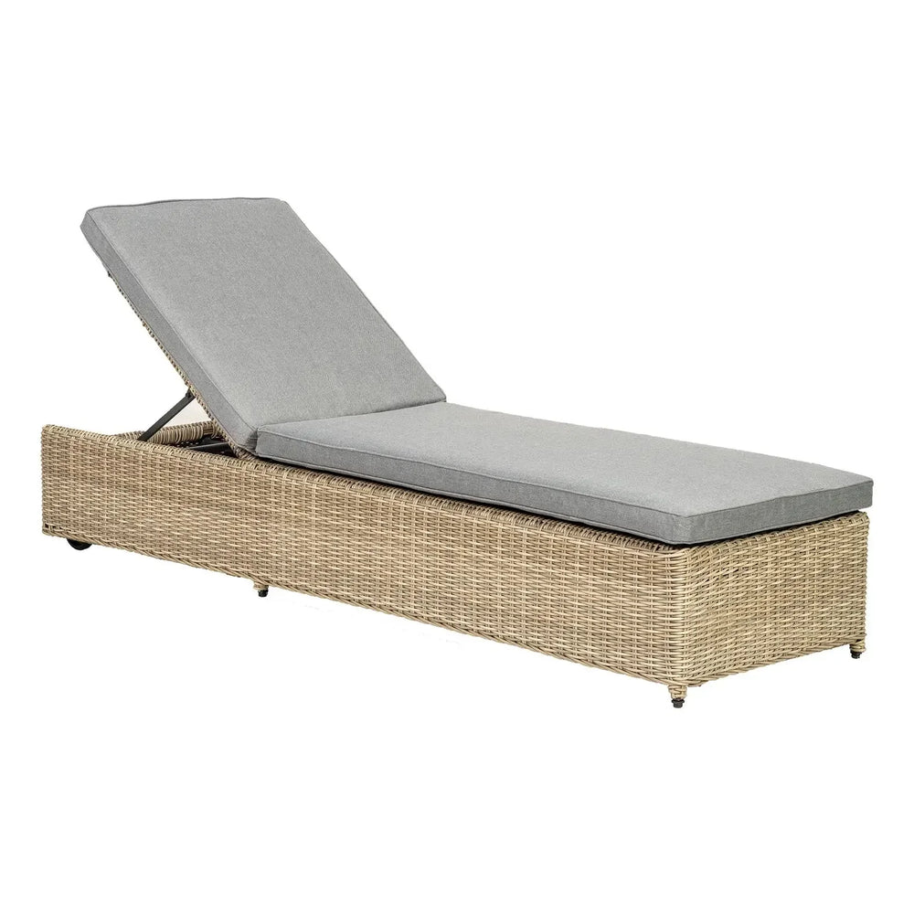 Rattan sun lounger with adjustable backrest and grey cushion