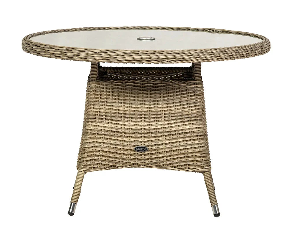 Round rattan garden dining table with glass top and centre parasol hole