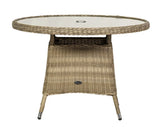 Round rattan garden dining table with glass top and centre parasol hole