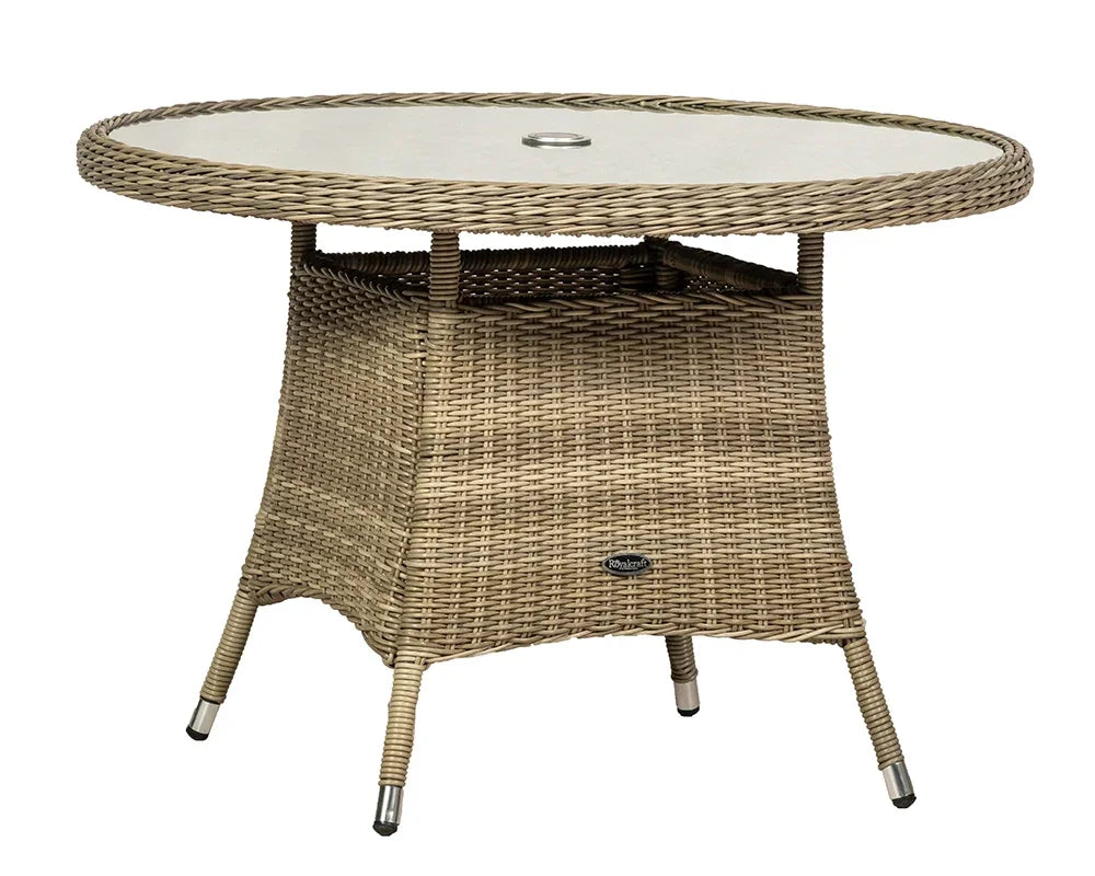 Round rattan garden dining table with glass top and central hole for parasol