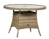 Round rattan garden dining table with glass top and central hole for parasol