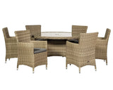 Rattan garden dining set with six armchairs and round glass-top table