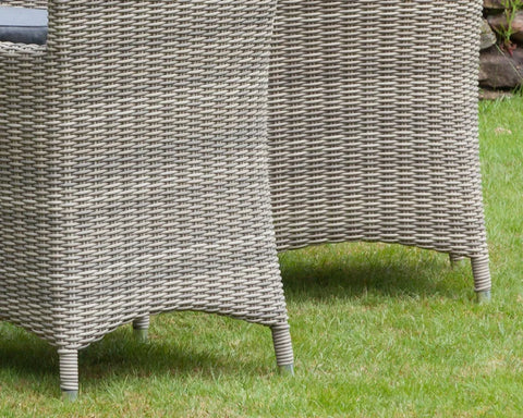 Close-up of grey rattan garden furniture legs on grass