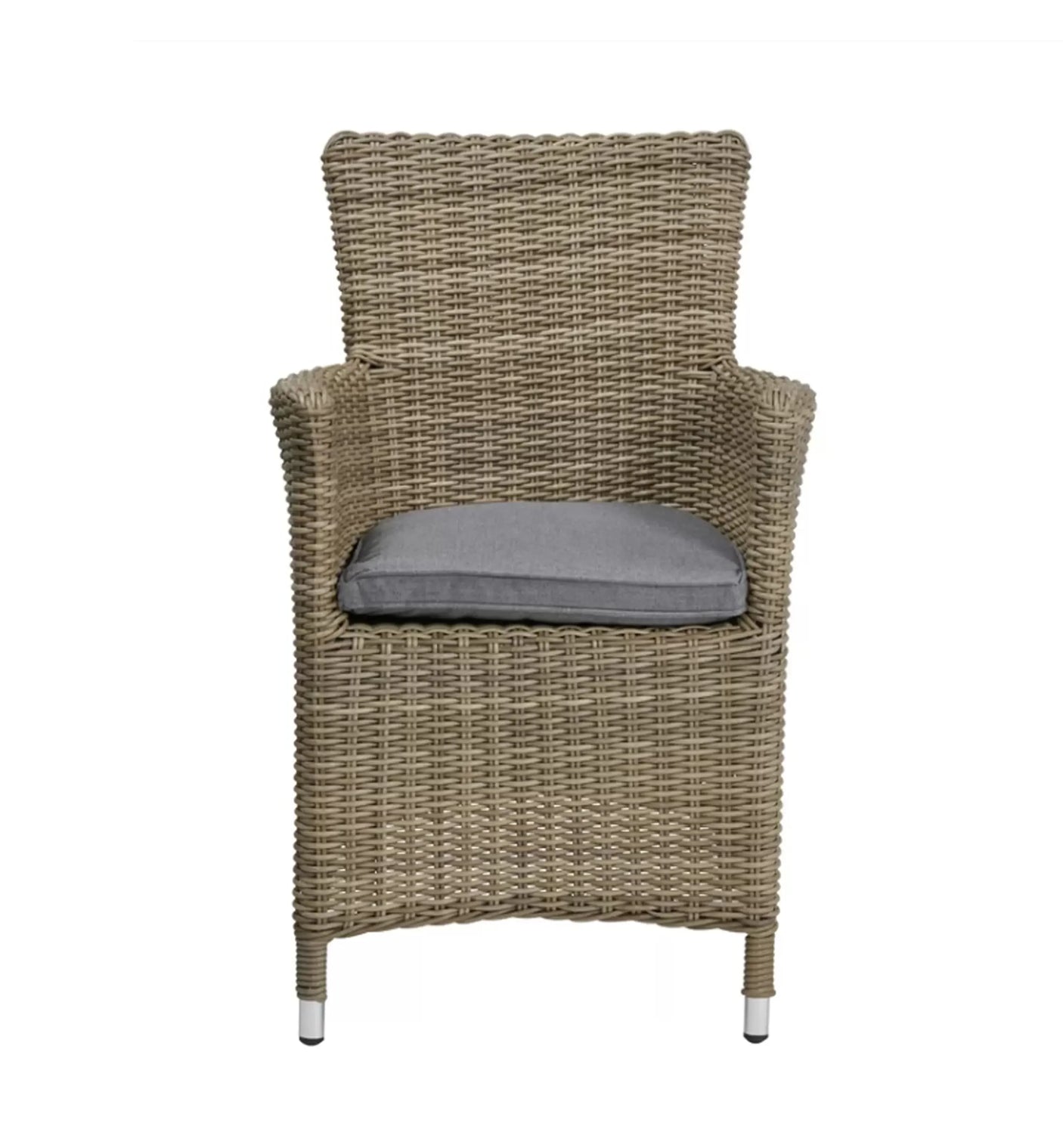 Beige rattan garden chair with high back and grey seat cushion, front view