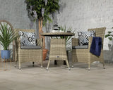 Natural rattan garden dining set with cushions and round table, styled with plants