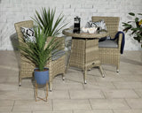 Rattan bistro set with glass top table and two cushioned chairs, indoor plant beside