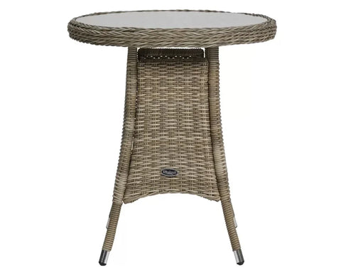 Round rattan garden table with glass top and beige wicker frame, front view