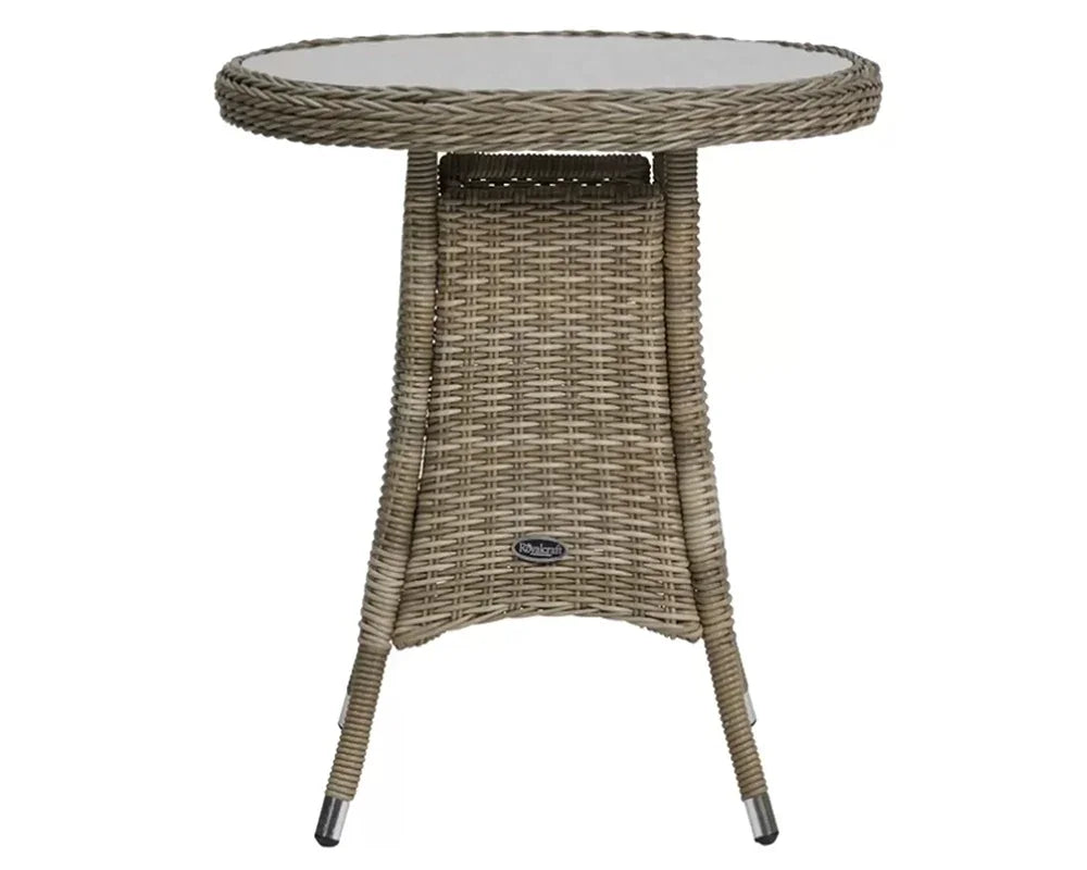 Round rattan garden table with glass top and beige wicker frame, front view