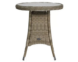 Round rattan garden table with glass top and beige wicker frame, front view