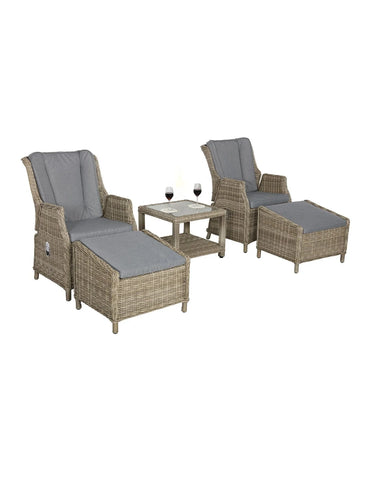 Rattan garden lounge set with two chairs, matching footstools, side table, and grey cushions