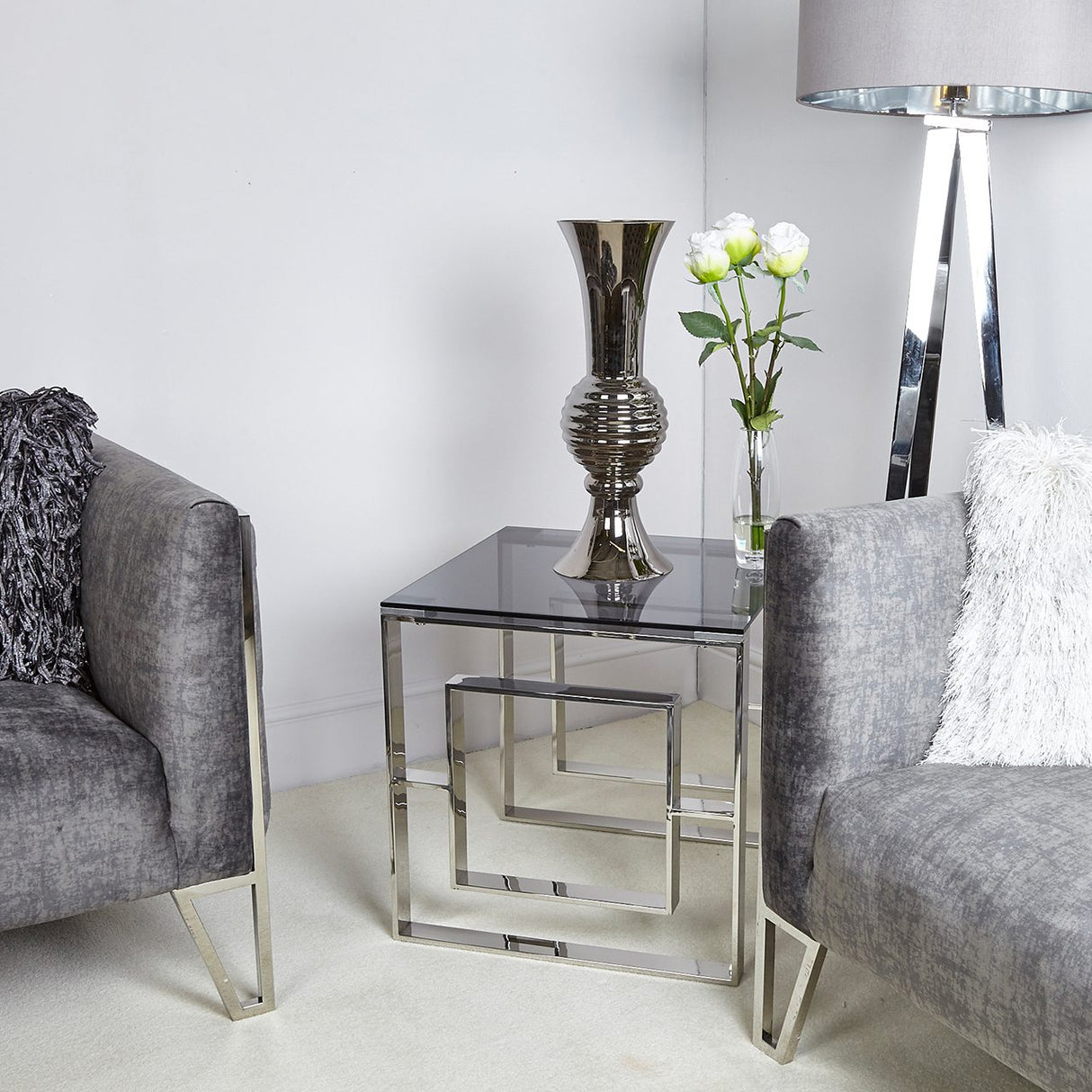 Apex Stainless Steel End Table Smoked Glass Top-Dsp