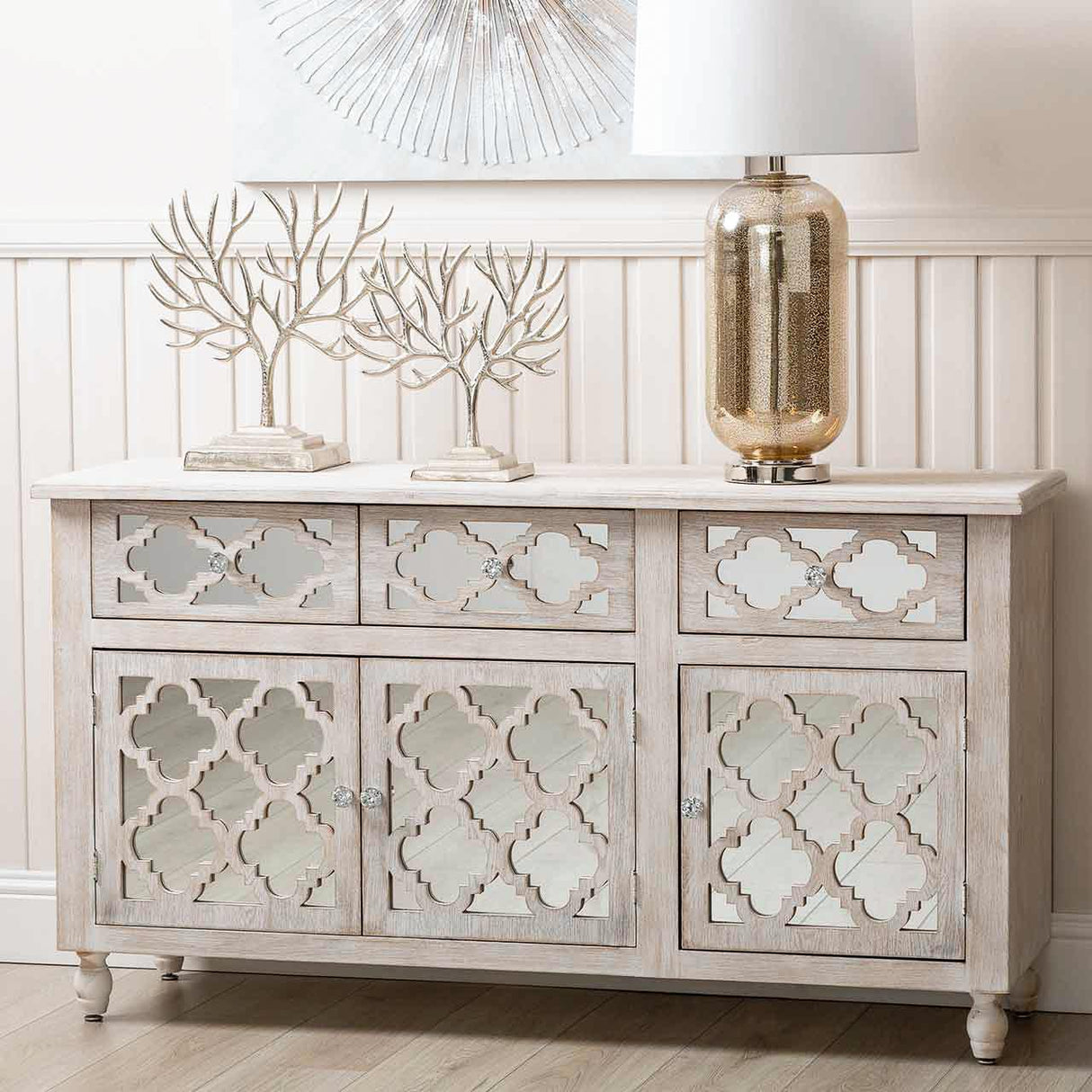 Hampton Beach 3 Door 3 Drawer Cabinet Washed Ash And Mirror - Dsp