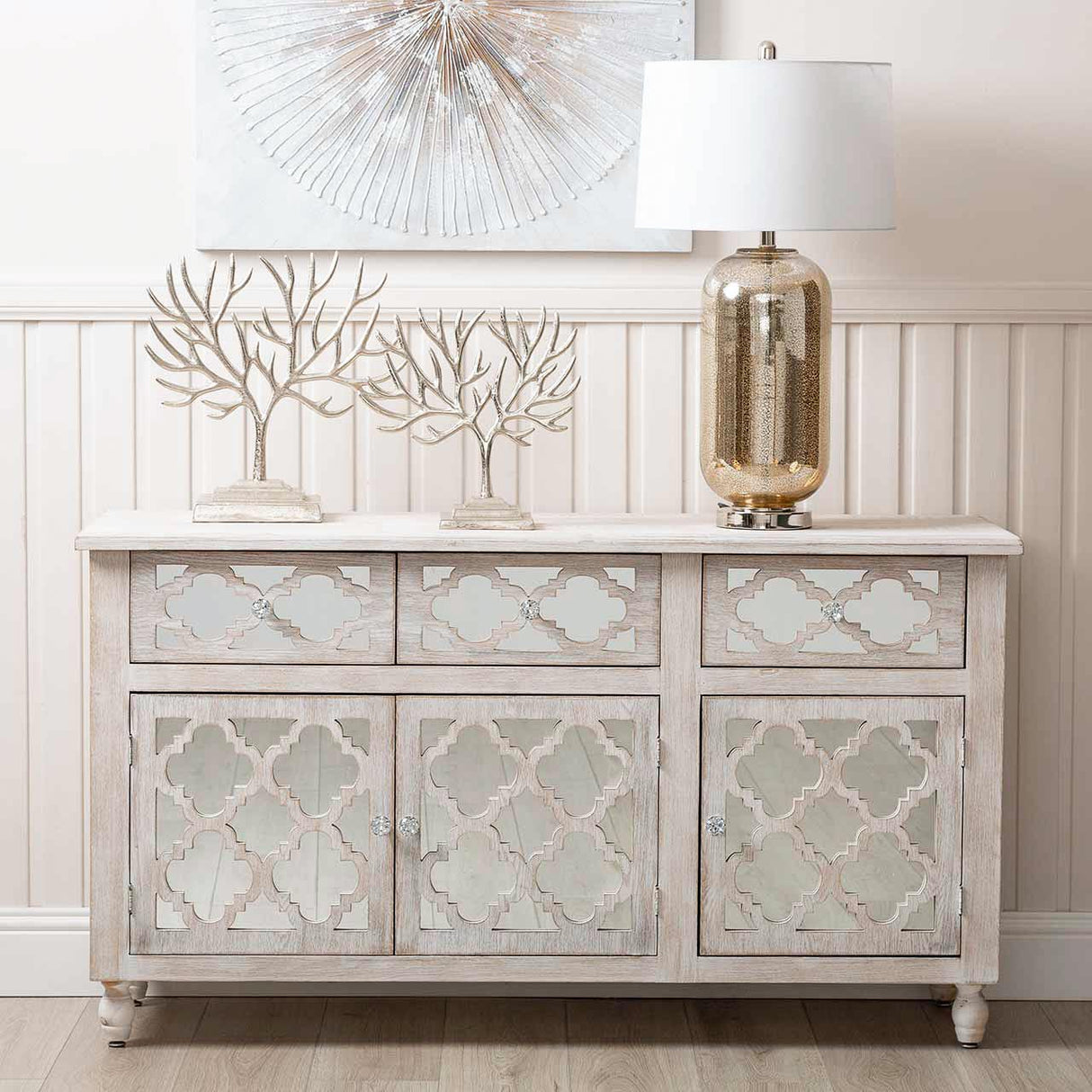 Hampton Beach 3 Door 3 Drawer Cabinet Washed Ash And Mirror - Dsp