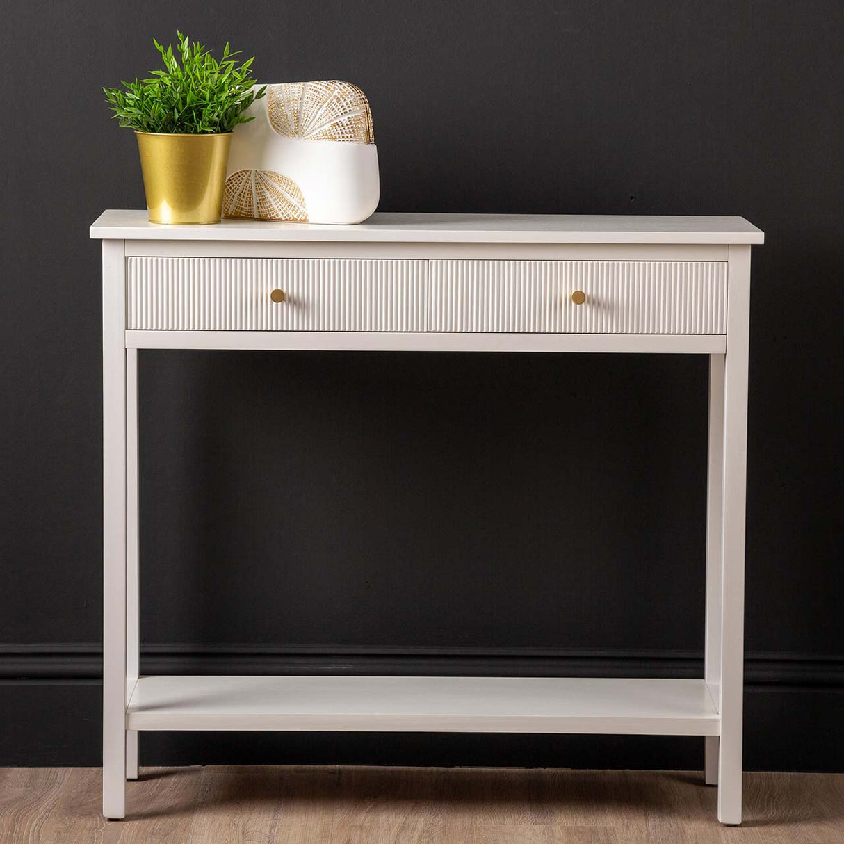 Lindon 2 Drawer Console Table White - Kd With Gold Handles