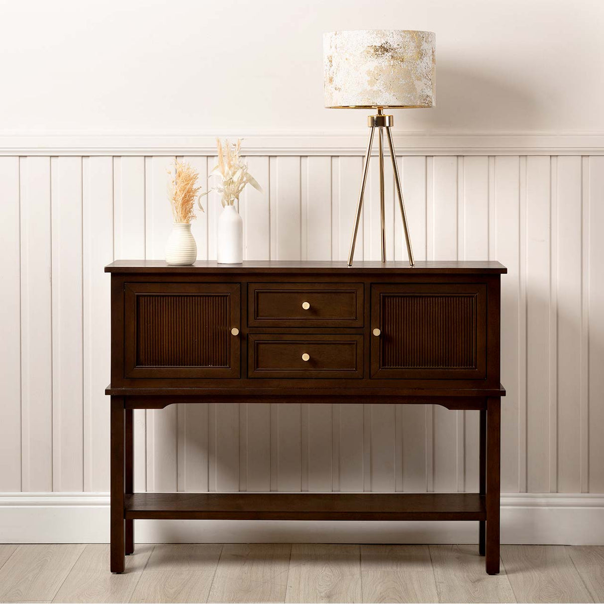 Lindon 2 Door 2 Drawer Sideboard Walnut Brown- Kd With Gold Handles
