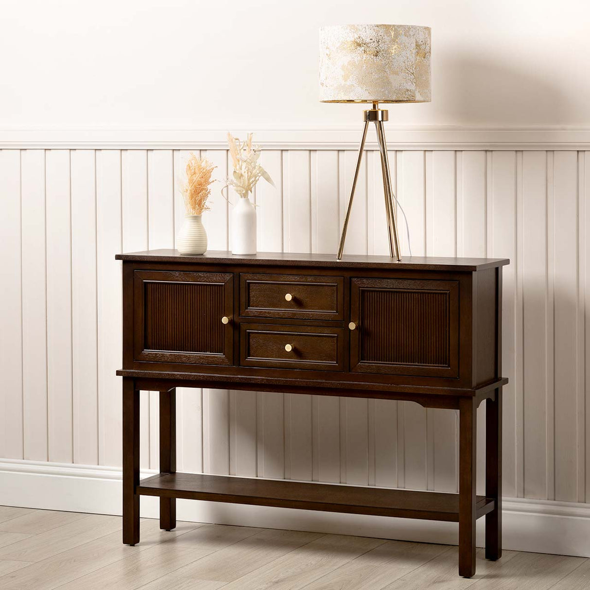 Lindon 2 Door 2 Drawer Sideboard Walnut Brown- Kd With Gold Handles
